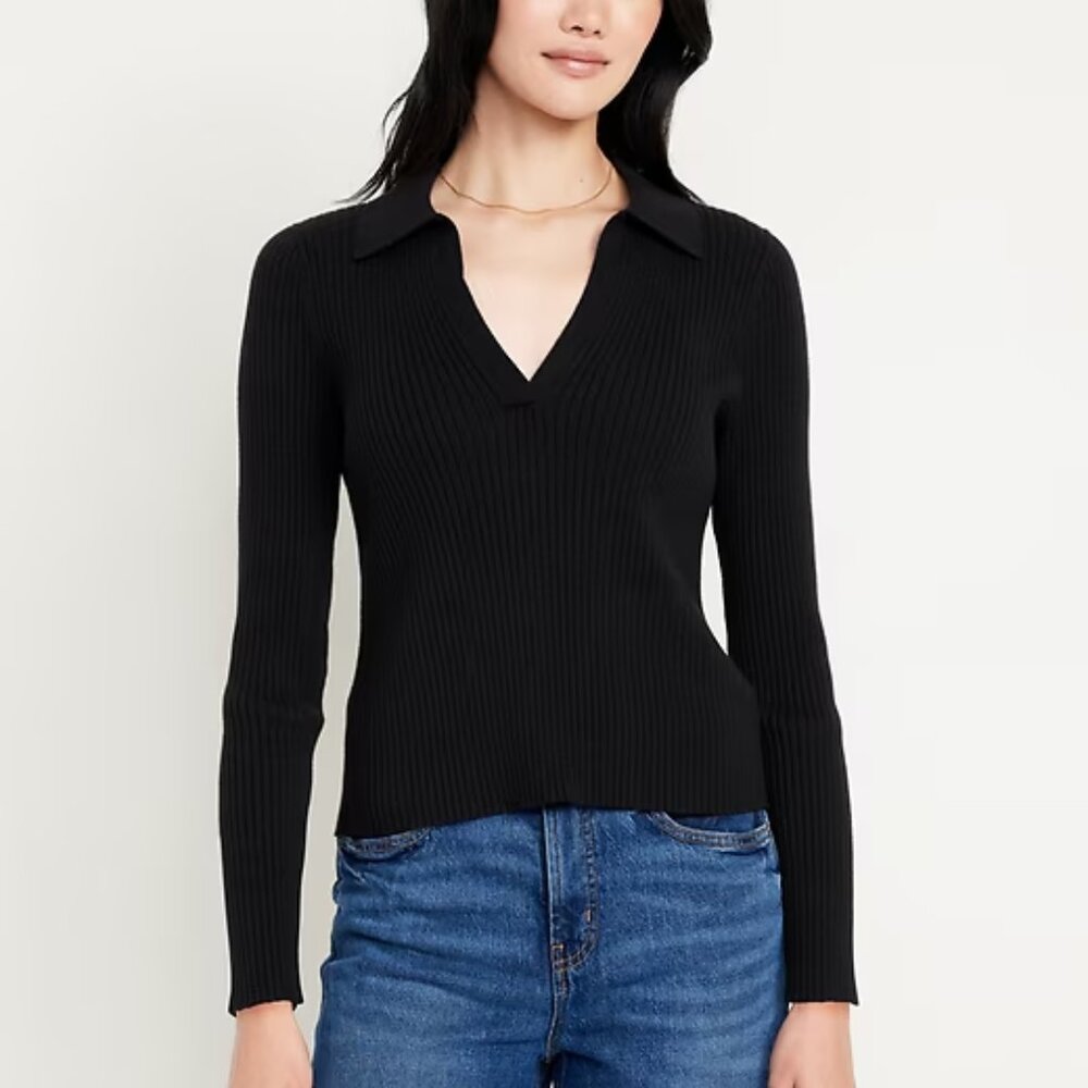 NWT Old Navy Ribbed Black Crop Polo Sweater Size L